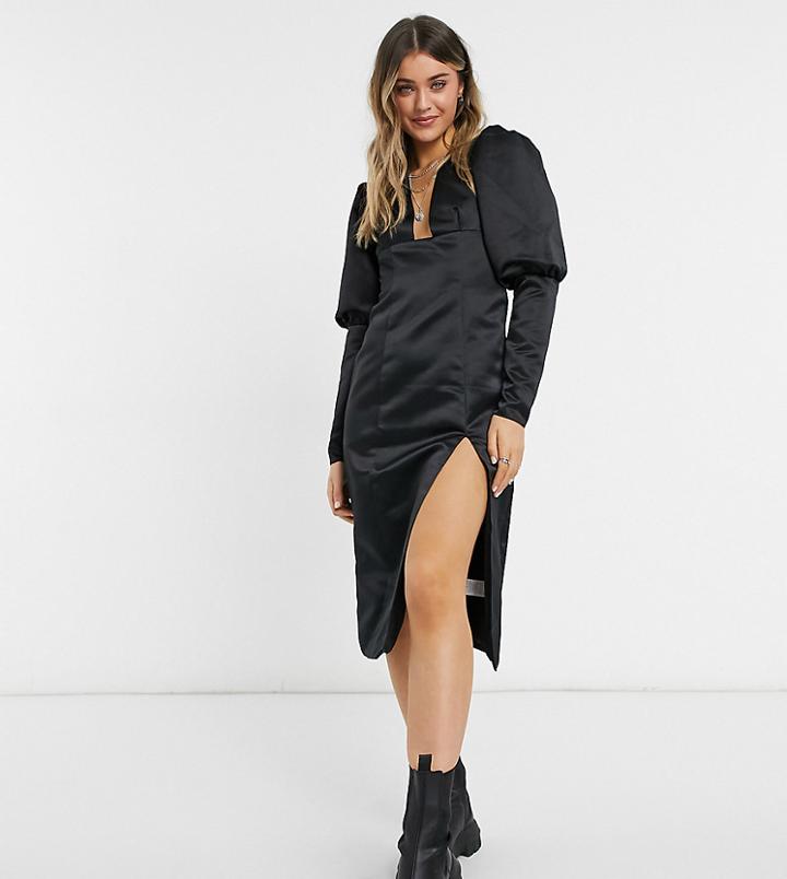 Collective The Label Exclusive Plunge Thigh Slit Midi Dress With Oversized Sleeves In Black