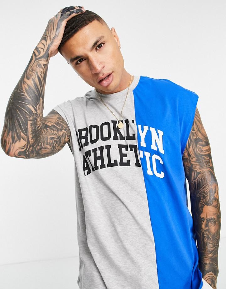 Asos Design Oversized Tank In Gray Heather Color Block With Brooklyn Print-grey