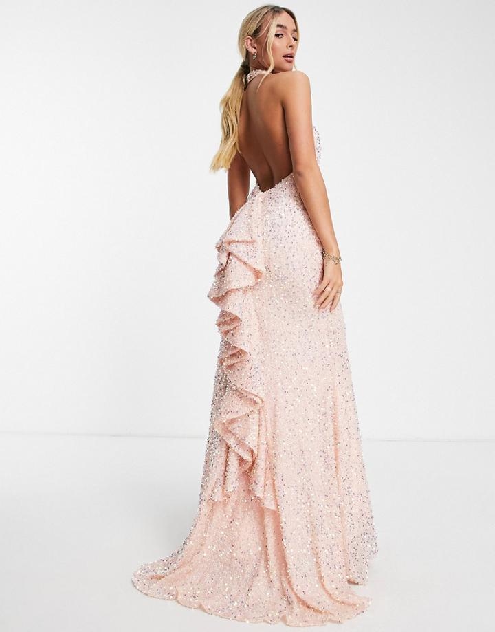 Maya Prom Ruffle Back Halter Neck Sequin Maxi Dress In Peach-orange
