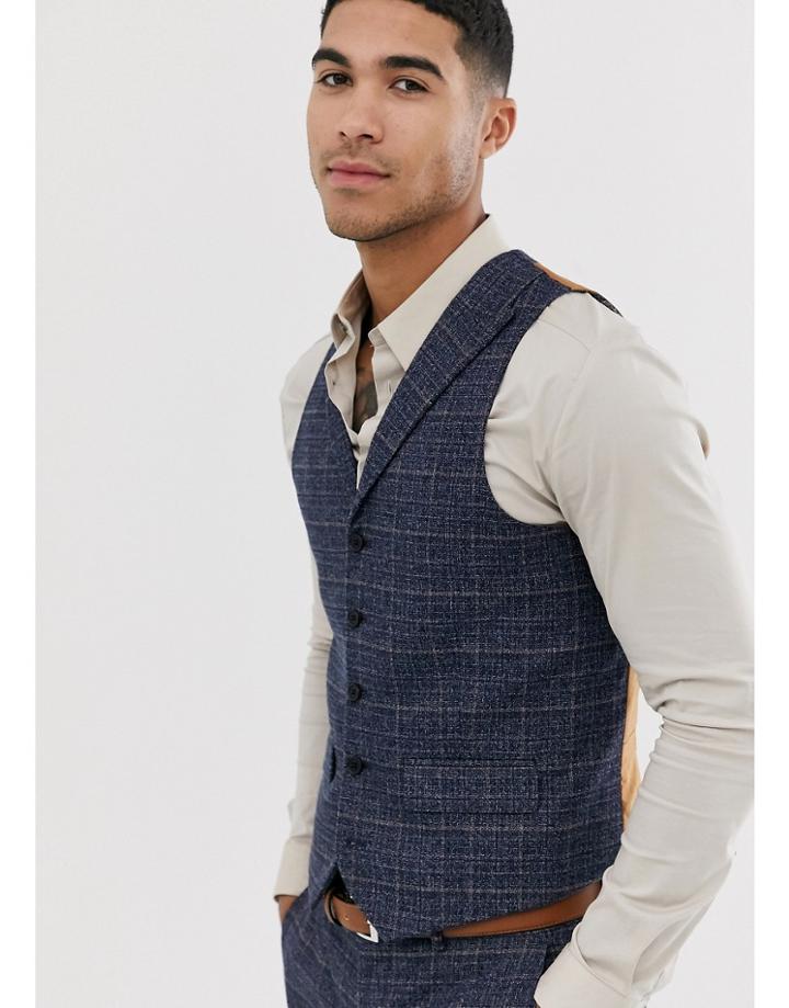 Harry Brown Slim Fit Textured Check Navy Suit Suit Vest - Navy