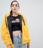 Ellesse Oversized Zip Front Hoodie With Embroidered Chest Logo In Faux Fur - Yellow