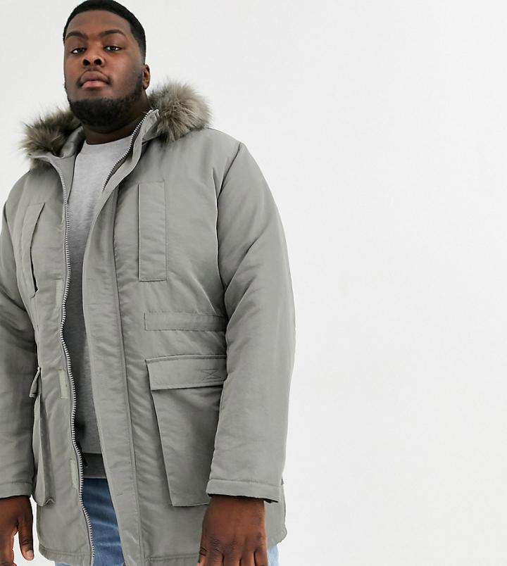 Asos Design Plus Parka Jacket In Gray With Faux Fur Lining