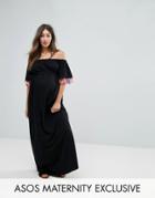 Asos Maternity Off Shoulder Maxi Sundress With Tassel Detail - Black