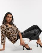 Asos Design 3/4 Sleeve Shirt With Pocket Detail In Leopard Animal Print-multi