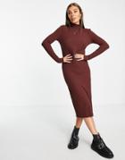 Pieces Midi High Neck Knitted Dress In Chocolate-brown