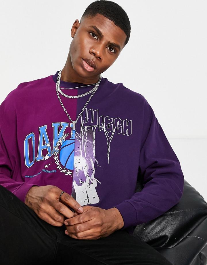 Asos Design Oversized Long Sleeve T-shirt In Color Block With Spliced Print-multi