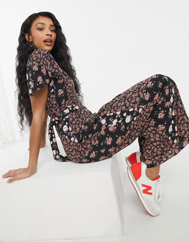 Asos Design Ruffle Sleeve Tie Back Jumpsuit In Mixed Floral Print-multi