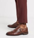 Asos Design Wide Fit Monk Shoes In Brown Leather With Brogue Detail