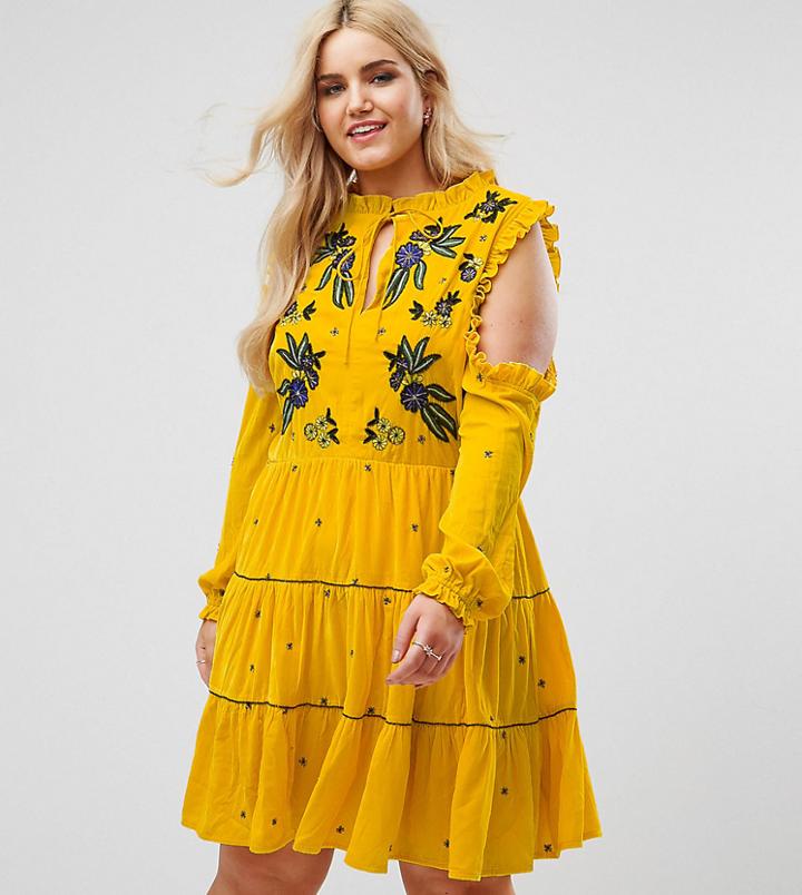 Frock And Frill Plus Cold Shoulder Velvet Smock Dress With Floral Embroidery - Yellow
