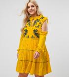 Frock And Frill Plus Cold Shoulder Velvet Smock Dress With Floral Embroidery - Yellow