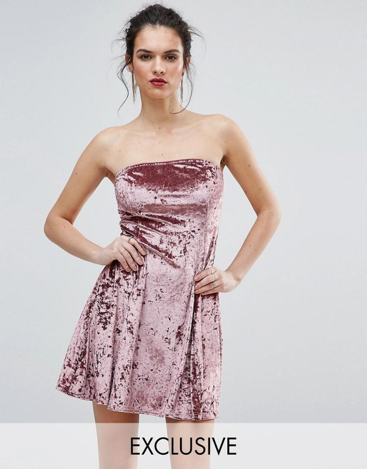 Club L Bandeau Velvet Skater Dress In Crushed Velvet - Pink