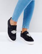 New Look Embellished Brooch Satin Sneaker - Black