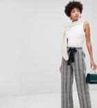 River Island Wide Leg Pants With Tie Waist In Check - Brown