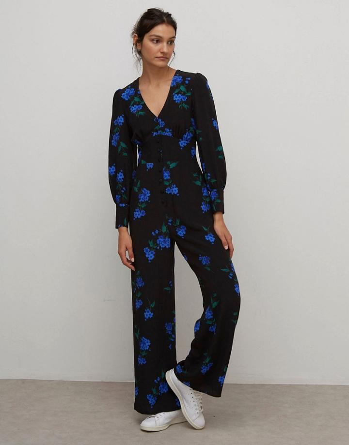 Nobody's Child Button Front Tea Jumpsuit In Deep Blue Floral Print-blues