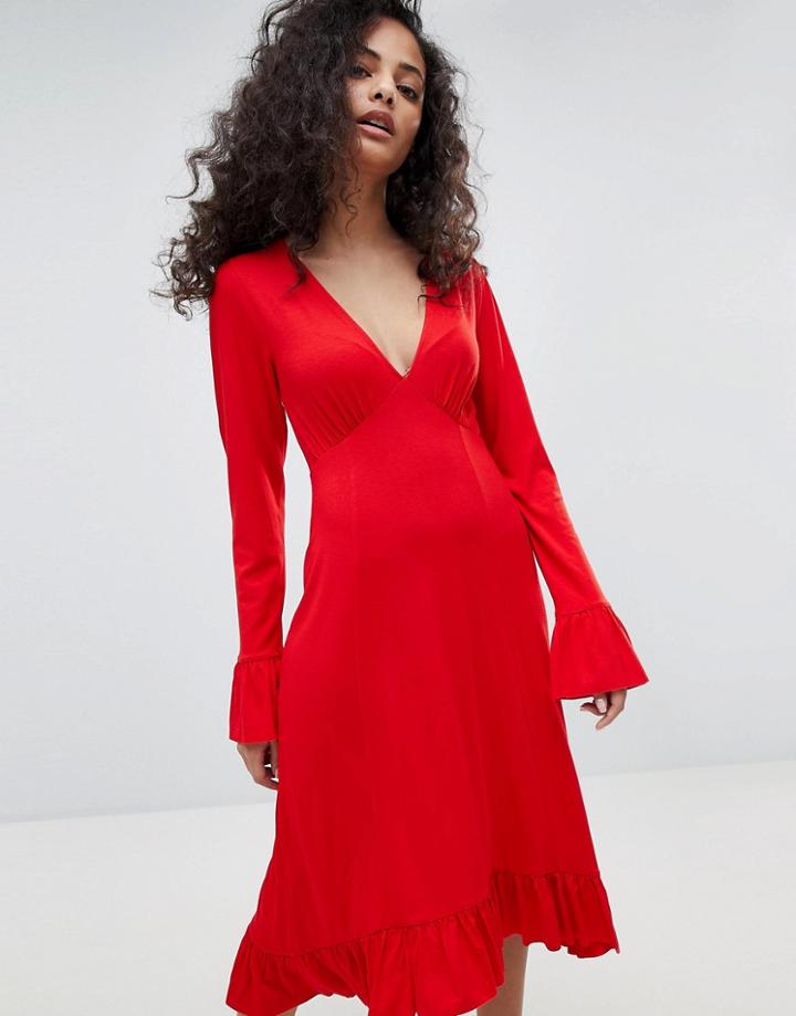 Asos Midi Tea Dress With Frill Cuff - Red