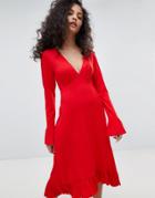 Asos Midi Tea Dress With Frill Cuff - Red