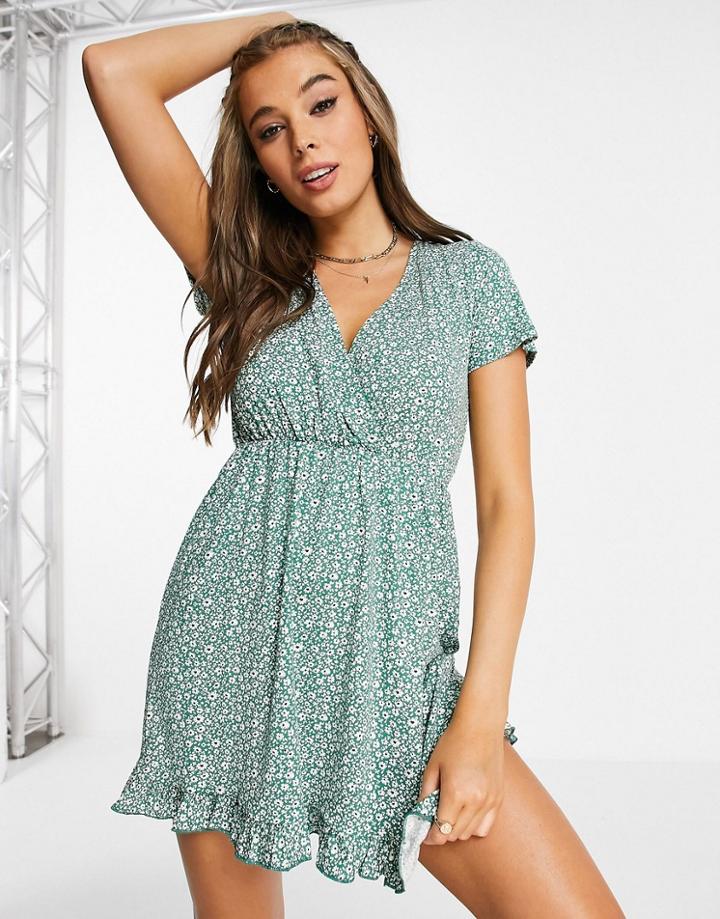 Pull & Bear Floral Wrap Dress In Blue-blues