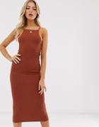 Asos Design Square Neck Ribbed Midi Dress-red