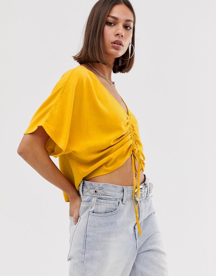 Bershka Ruched Front Blouse In Mustard-yellow
