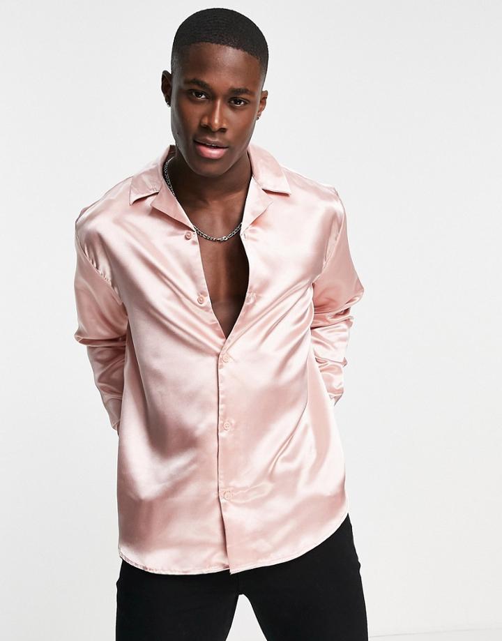 Only & Sons Oversized Satin Shirt With Revere Collar In Pink