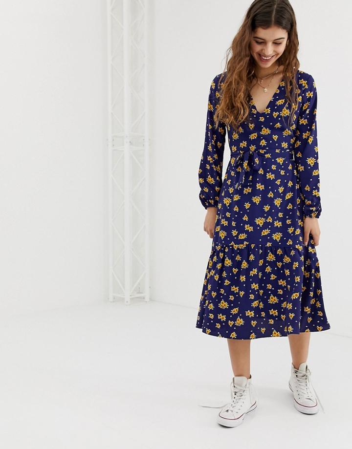 Glamorous Midi Dress With Neck Tie In Sunflower Print-navy
