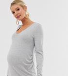 Asos Design Maternity V Neck Long Sleeve Top In Gray Marl