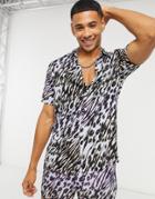 Asos Design Two-piece Regular Standard Collar Shirt In Blue Fluro Animal Print-blues