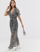 Influence Leopard Print Maxi Dress With Tie Front Detail - Gray