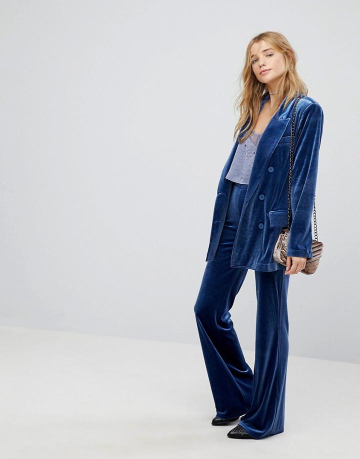 Honey Punch High Waist Wide Leg Pants In Luxe Velvet Co-ord - Navy