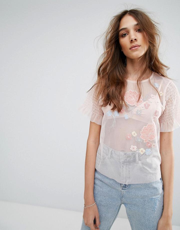 Miss Selfridge Embroidered Mesh Top - Beige
