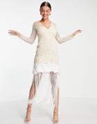 Asos Design Plunge Long Sleeve Embroidered Maxi Dress With Fringe Hem In Cream-multi