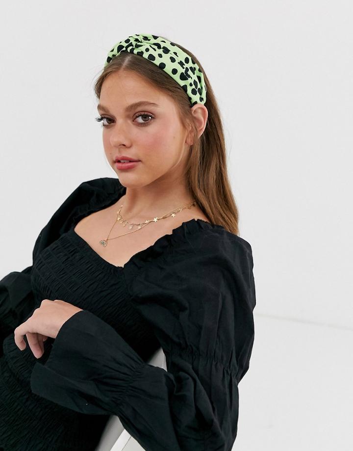 Asos Design Headband With Twist Front In Green Animal Polka Dot - Multi