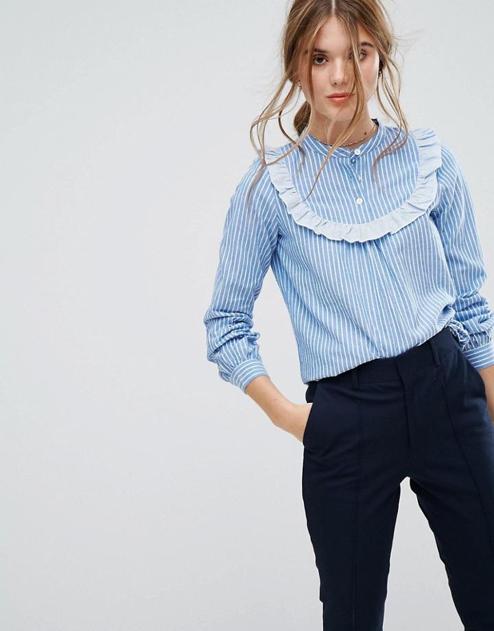 Leon And Harper Striped Shirt With Ruffle Bib - Blue