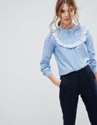 Leon And Harper Striped Shirt With Ruffle Bib - Blue