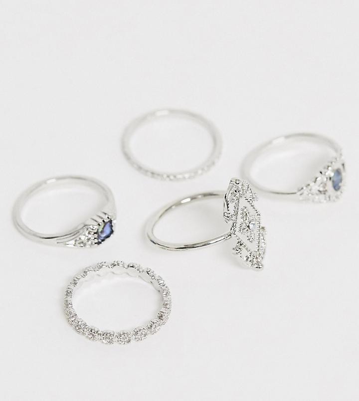Asos Design Curve Pack Of 5 Rings In Engraved Design With Faux Abalone Stone In Silver Tone