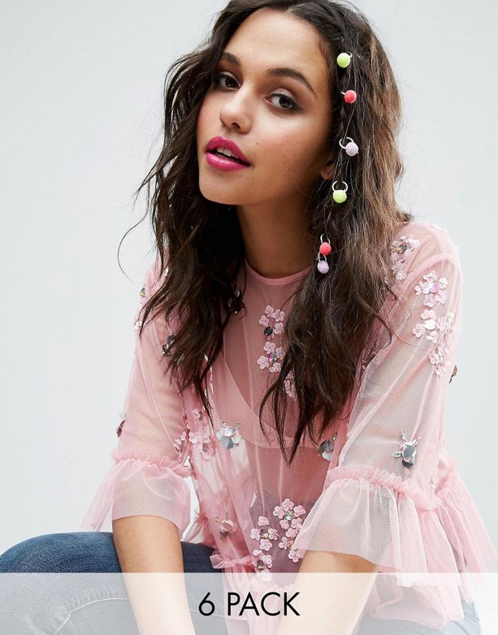 Asos Pack Of 6 Pom Pom Hair Rings - Multi