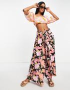 Asos Design Cotton Linen Maxi Skirt In Dark Based Floral Print - Part Of A Set-multi