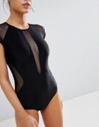 Unique 21 Mesh Cap Sleeve Swimsuit With Open Back - Black