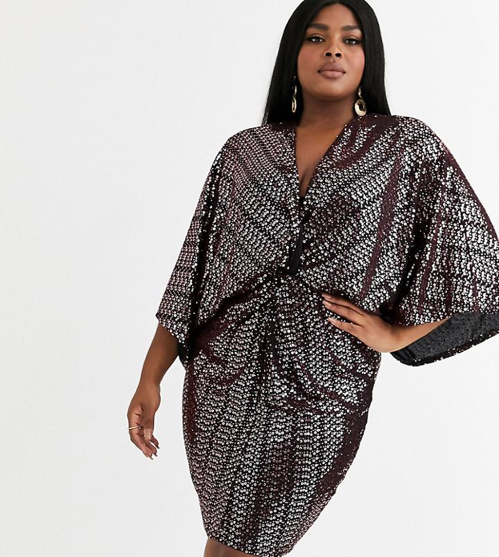 Flounce London Plus Knot Front Metallic Mini Dress In Aubergine
