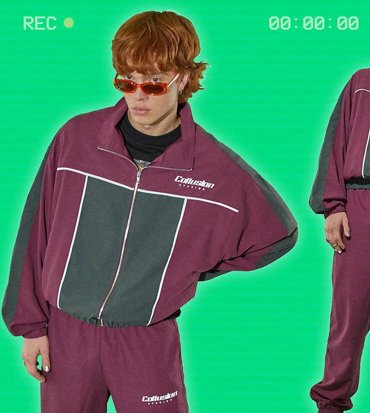 Collusion Unisex Soft Touch Tracksuit Jacket In Plum - Part Of A Set-purple