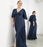 Asos Edition Curve Satin Flutter Sleeve Maxi Dress With Button Front In Petrol Blue-navy