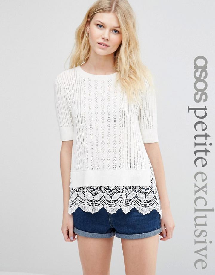 Asos Petite Jumper In Pointelle With Crochet Trim - Cream