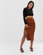 Prettylittlething Side Ruched Midi Skirt In Brown Spot - Green