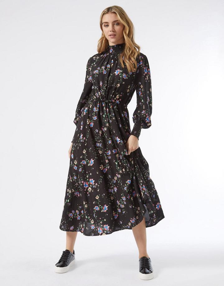 Miss Selfridge Long Sleeve Shirred Neck Midi Dress In Black