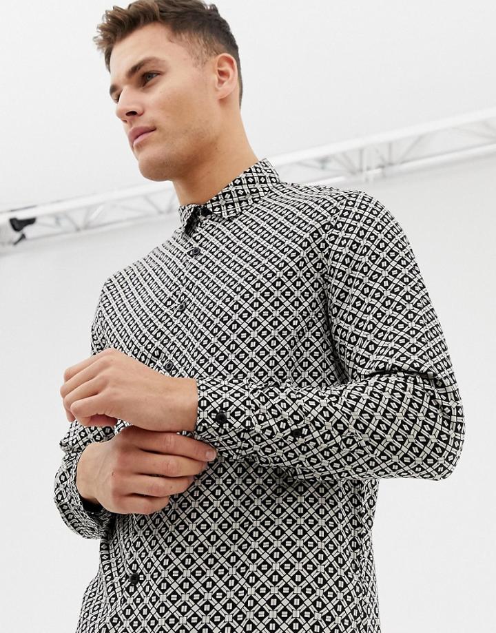 New Look Regular Fit Shirt With Mono Tile Print In Black - Black