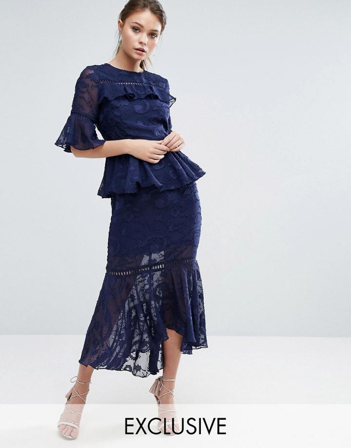 Dark Pink Burn Out Tiered Midi Dress With Lace Inserts - Navy