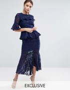 Dark Pink Burn Out Tiered Midi Dress With Lace Inserts - Navy