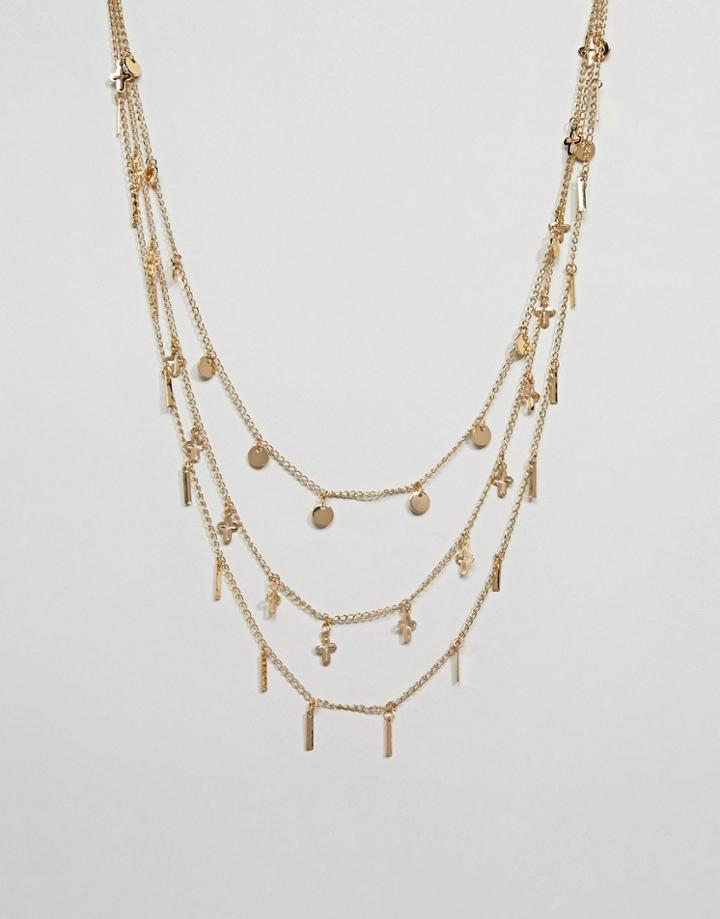 Asos Design Multirow Necklace With Mixed Charms In Gold - Gold