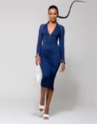 Wmnswear Plunge Zip-front Long Sleeve Midi Dress In Smoky Blue-blues