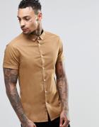 Asos Skinny Shirt In Camel With Button Down Collar And Short Sleeves - Camel